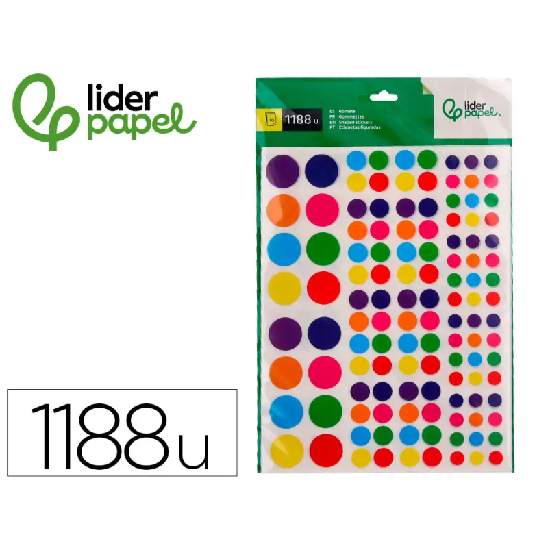 Gomets liderpapel autoadhesivo figuras de colores y tamaños surtidos bolsa de 10 hojas 1188 unidades