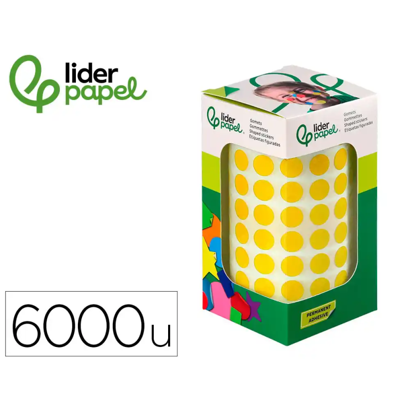 Gomets liderpapel autoadhesivo circulos 10,5 mm amarillo rollo de 6000 unidades en caja de carton