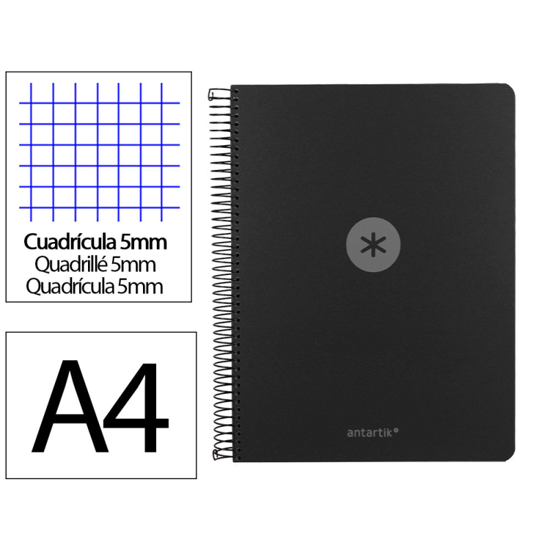 Cuaderno espiral antartik micro a4 tapa foam 120h 90gr cuadro 5mm 5 bandas 4 taladros color negro