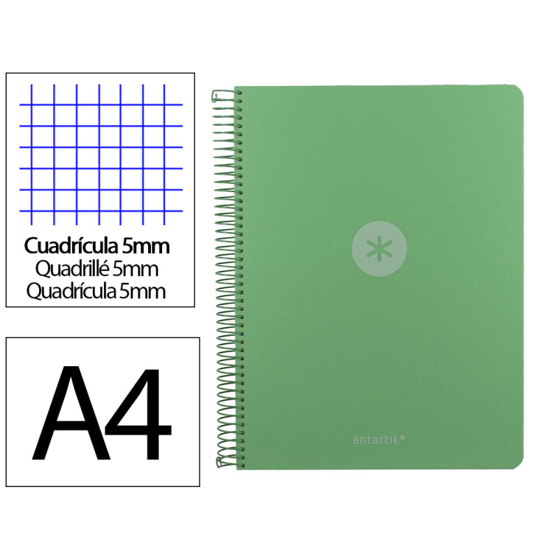 Cuaderno espiral antartik micro a4 tapa foam 120h 90gr cuadro 5mm 5 bandas 4 taladros color verde matcha