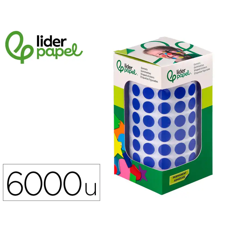 Gomets liderpapel autoadhesivo circulos 10,5 mm azul rollo de 6000 unidades en caja de carton
