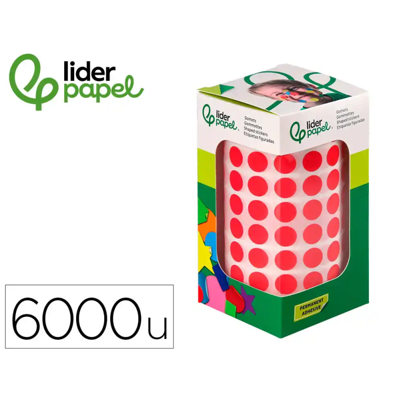 Gomets liderpapel autoadhesivo circulos 10,5 mm rojo rollo de 6000 unidades en caja de carton