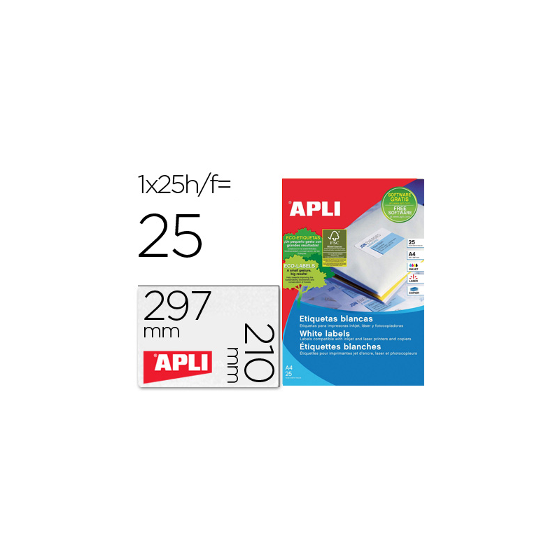 Etiqueta adhesiva apli 1215 210x297 mm para fotocopiadora laser ink-jet caja con 25 hojas