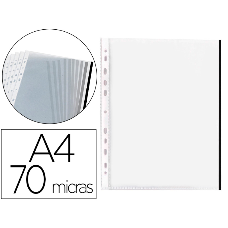 Funda multitaladro q-connect din a4 70 mc pp cristal con borde negro bolsa de 10 unidades