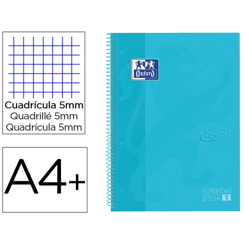 Cuaderno espiral oxford ebook 1 tapaextradura din a4+ 80 hojas cuadro 5 mm con margen bebe touch