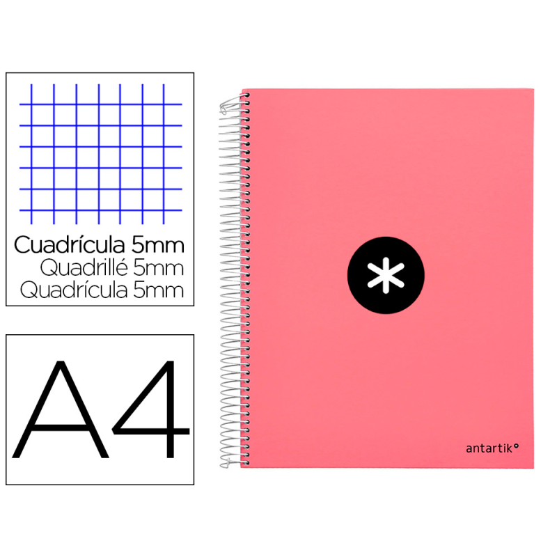 Cuaderno espiral a4 micro antartik tapa forrada 120h 90 gr cuadro 5mm 5 bandas 4 taladros color coral