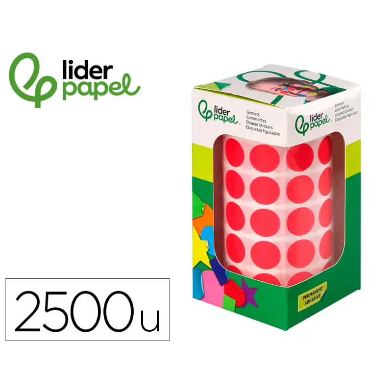 Gomets liderpapel autoadhesivo circulos 15 mm rojo rollo de 2500 unidades en caja de carton