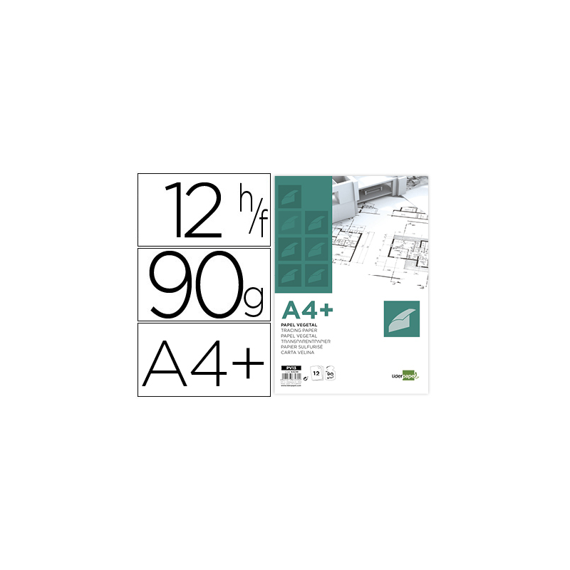 Papel vegetal liderpapel a4+ 90 gr 240x320mm sobre de 12 hojas