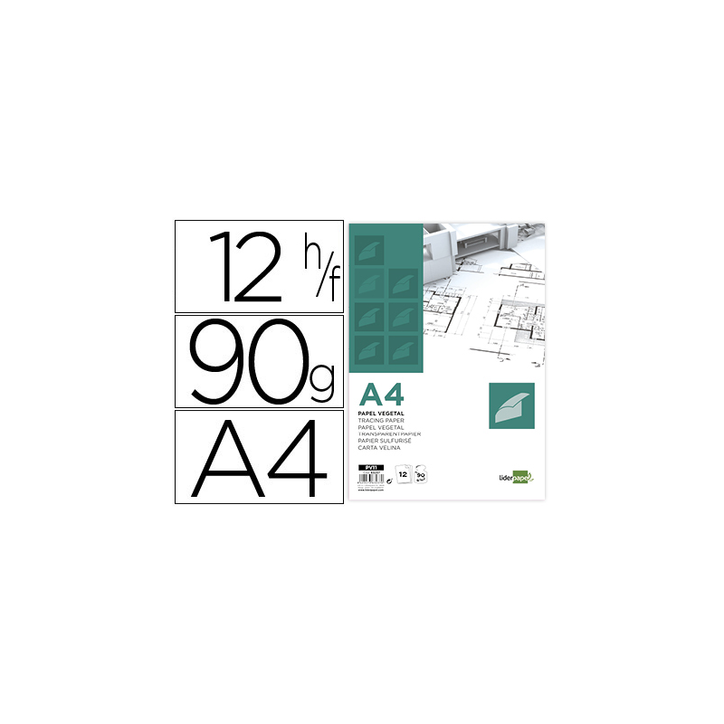 Papel vegetal liderpapel a4 90gr 210x297mm sobre de 12 hojas