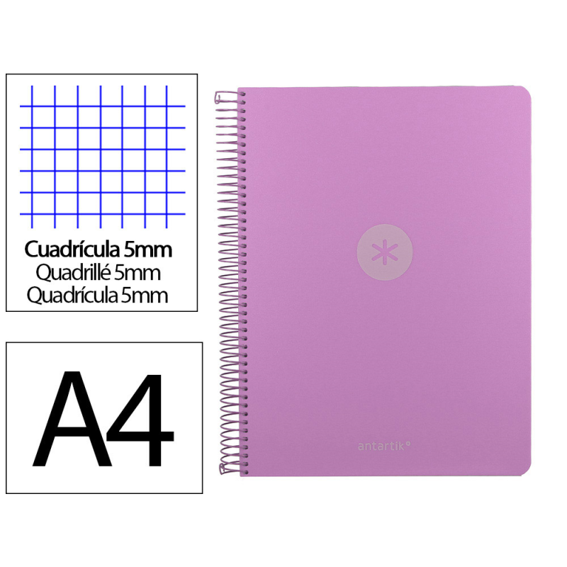 Cuaderno espiral antartik micro a4 tapa foam 120h 90gr cuadro 5mm 5 bandas 4 taladros color lavanda