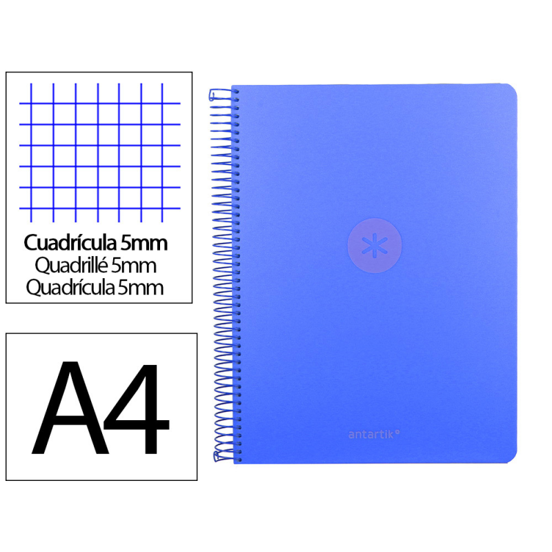 Cuaderno espiral antartik micro a4 tapa foam 120h 90gr cuadro 5mm 5 bandas 4 taladros color azul