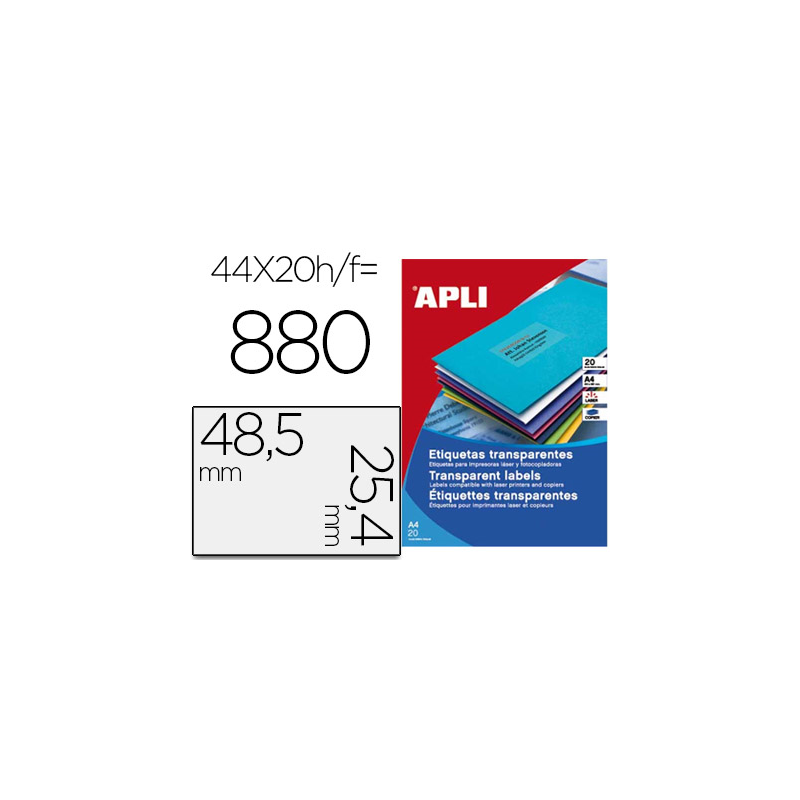 Etiqueta adhesiva apli transparente 48,5x25,4 mm fotocopia laser inkjet caja 20 hojas din a4 con 880