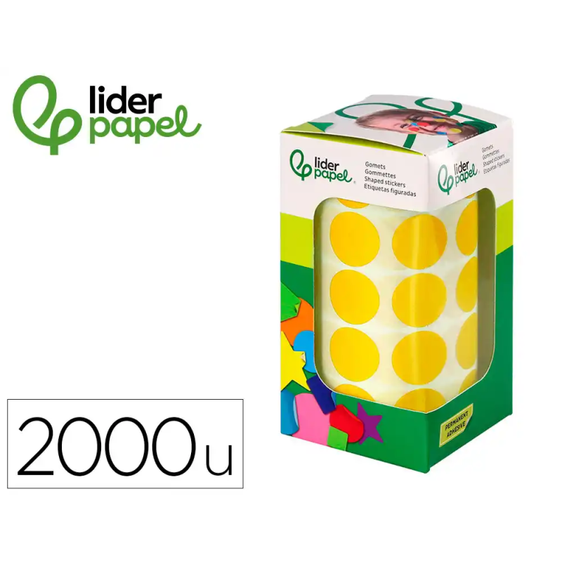 Gomets liderpapel autoadhesivo circulos 20 mm amarillo rollo de 2000 unidades en caja de carton