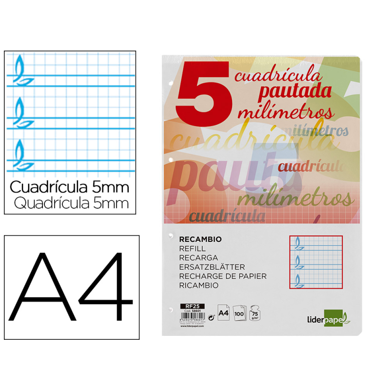 Recambio liderpapel a4 pautaguia 100 hojas 75gr cuadriculado pautado 5mm con margen 4 taladros