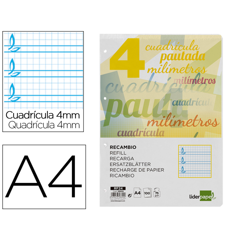 Recambio liderpapel a4 pautaguia 100 hojas 75gr cuadriculado pautado 4mm con margen 4 taladros