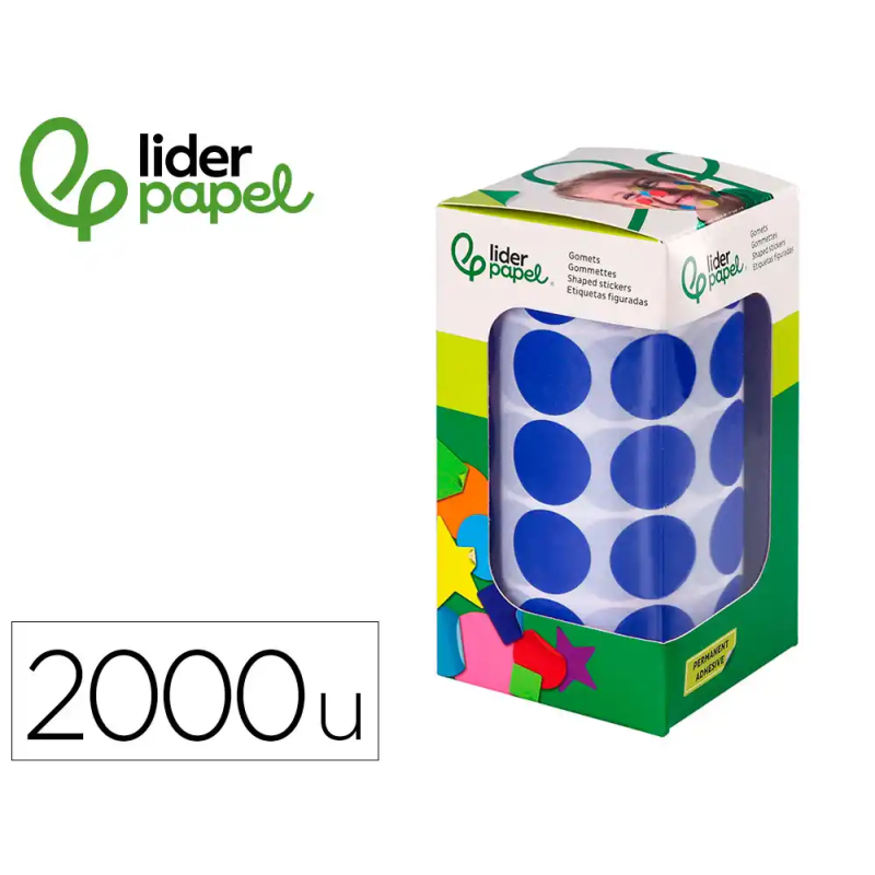 Gomets liderpapel autoadhesivo circulos 20 mm azul rollo de 2000 unidades en caja de carton