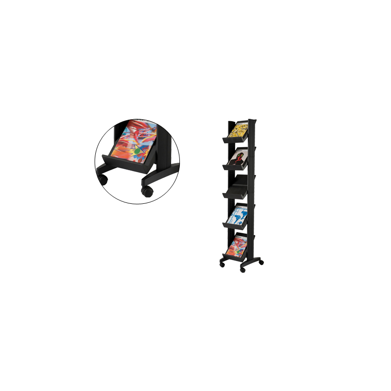 Expositor paperflow de suelo movil 5 estantes de 275x327mm color negro tamaño del expositor 350x1675x385 mm
