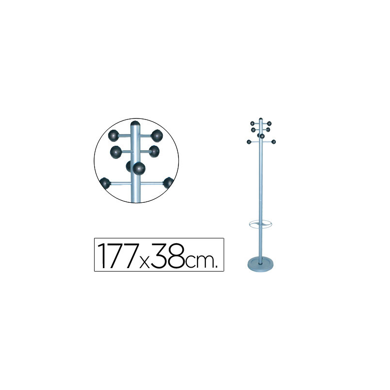 Perchero metalico pie con paraguero 8 colgadores color plata 177x38 cm