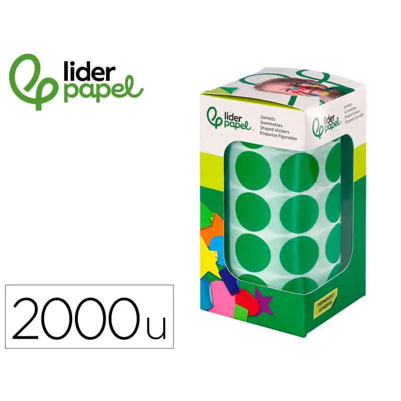 Gomets liderpapel autoadhesivo circulos 20 mm verde rollo de 2000 unidades en caja de carton