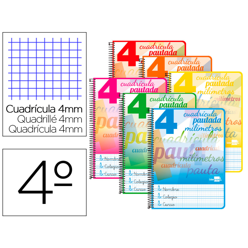 Cuaderno espiral liderpapel cuarto pautaguia tapa blanda 40h 75gr cuadro pautado 4mm c olores surtidos