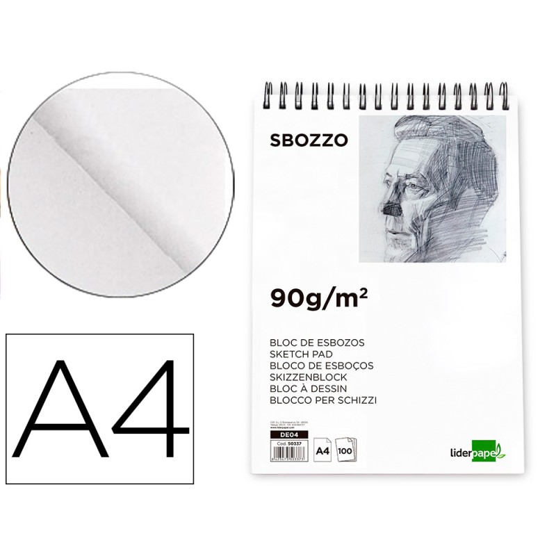 Bloc dibujo liderpapel esbozos espiral din a4 210x297mm 100 hojas 90gr/m2 sin recuadro
