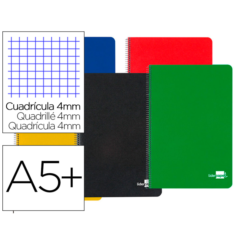 Cuaderno espiral liderpapel cuarto tapa dura 80h 75gr cuadro 4mm con margen colores surtidos