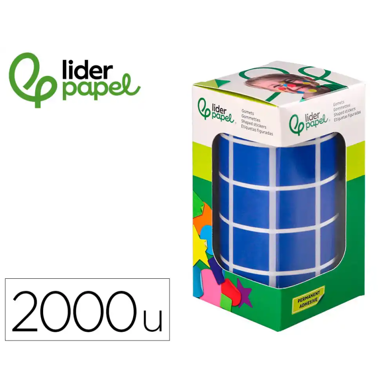 Gomets liderpapel autoadhesivo cuadrado 20x20 mm azul rollo de 2000 unidades en caja de carton