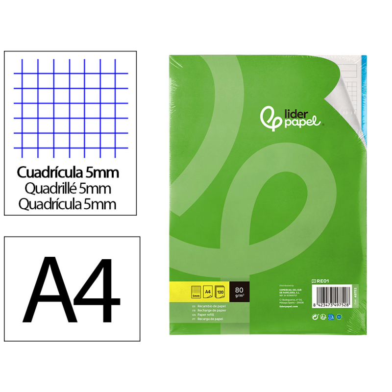 Recambio liderpapel a4 120 hojas 80gr cuadro 5mm sin ma rgen 4 taladros bandas de 5 colores