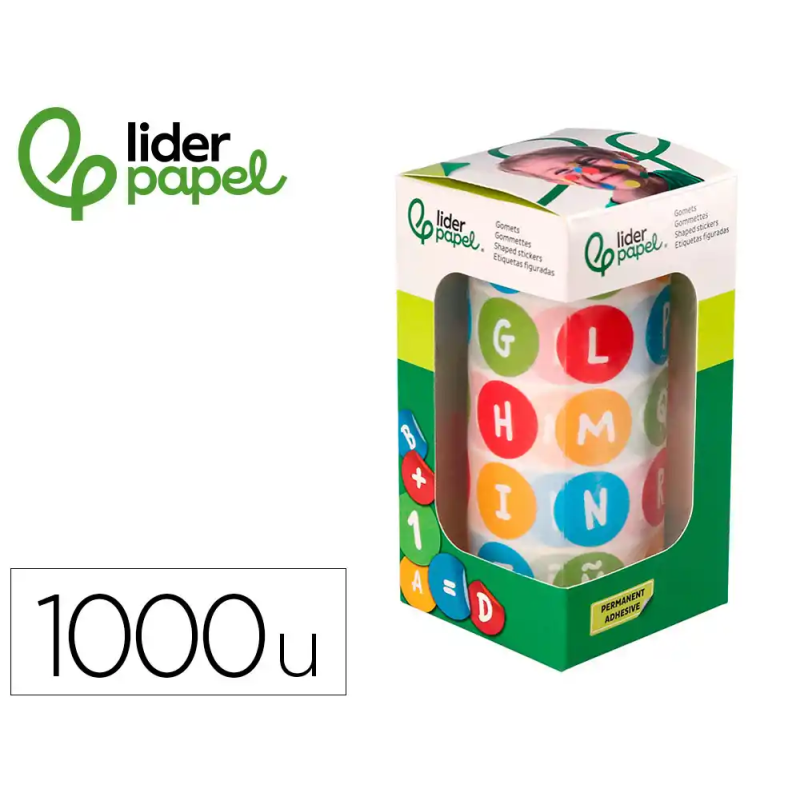 Gomets liderpapel autoadhesivo redondo abecedario 20 mm colores surtidos rollo de 1000 unidades en caja de carton