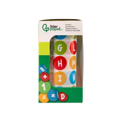 Gomets liderpapel autoadhesivo redondo abecedario 20 mm colores surtidos rollo de 1000 unidades en caja de carton