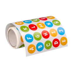 Gomets liderpapel autoadhesivo redondo abecedario 20 mm colores surtidos rollo de 1000 unidades en caja de carton
