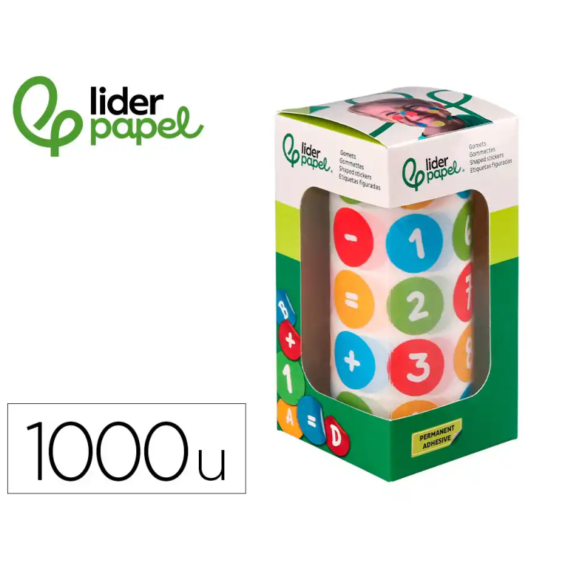 Gomets liderpapel autoadhesivo redondo numeros 20 mm colores surtidos rollo de 1000 unidades en caja de carton