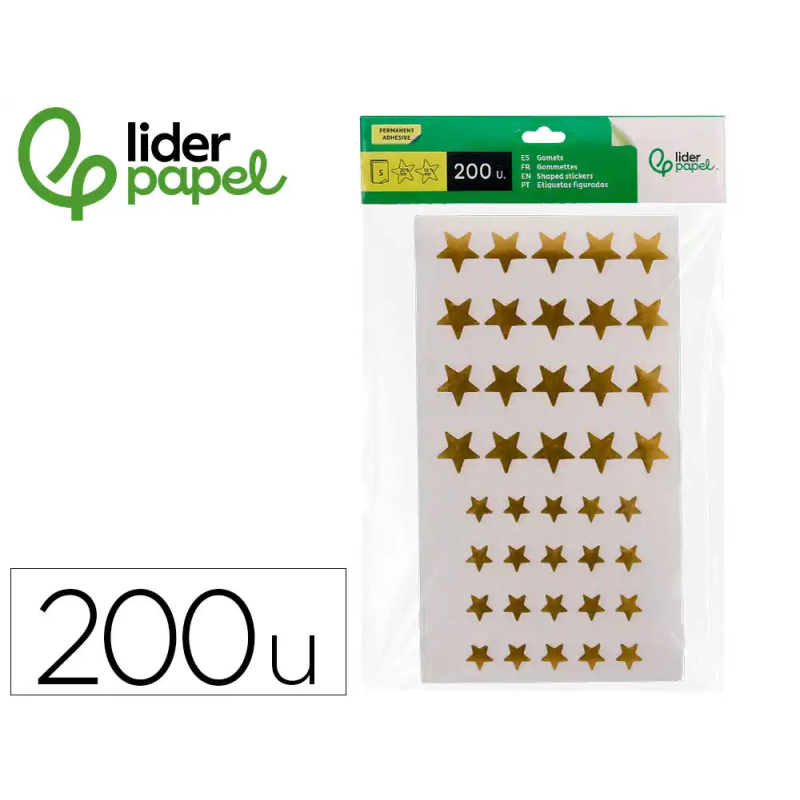Gomets liderpapel autoadhesivo estrellas doradas surtidas bolsa de 5 hojas con 200 unidades