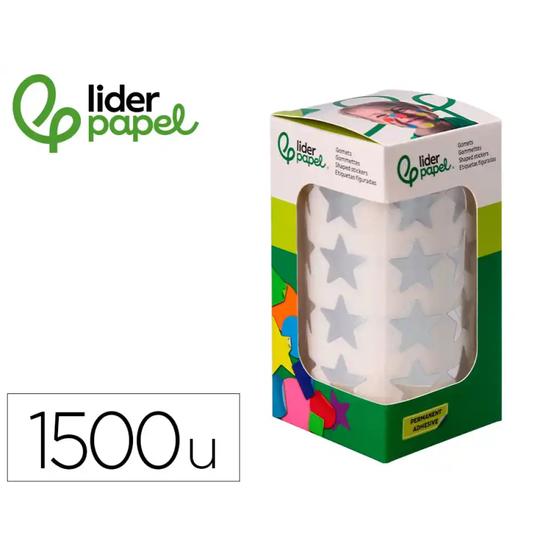 Gomets liderpapel autoadhesivo estrellas plateadas 20 mm 1500 unidades en caja de carton