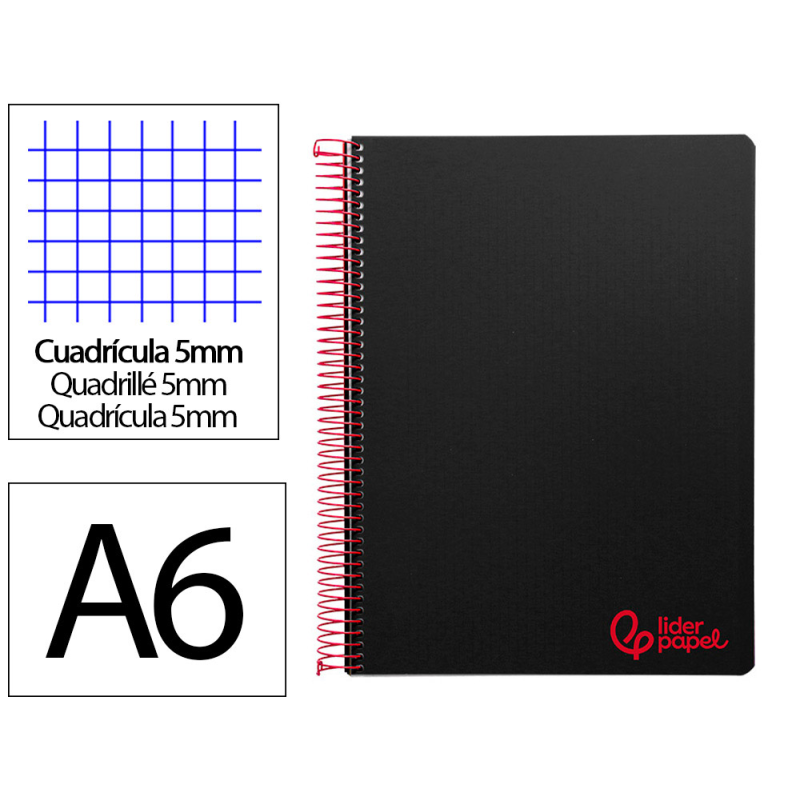 Cuaderno espiral liderpapel a6 micro wonder tapa plastico 120h 90 gr cuadro 5mm 4 bandas color negro