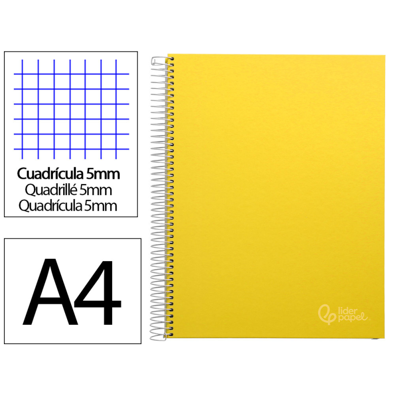 Cuaderno espiral liderpapel a4 micro jolly tapa forrada 140h 75gr cuadro 5mm 5 bandas 4 taladros color amarillo
