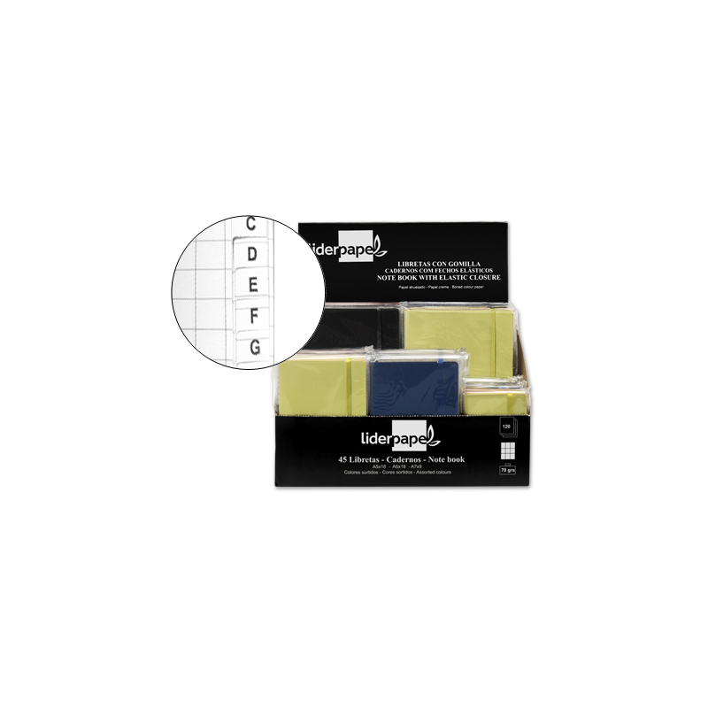 Libreta liderpapel simil piel 120 hojas 70gr cuadro 4mm + indice expositor de 45 unidades colores surtidos