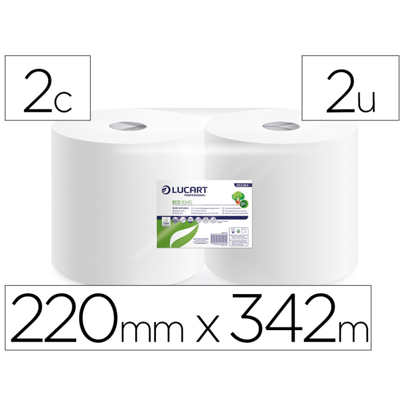 Papel secamanos lucart ecologico 17,5 g 2 capas 220 mm x 342 m paquete de 2 rollos