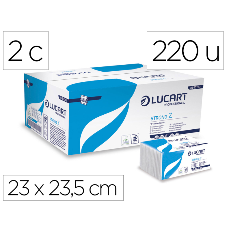 Toalla secamanos lucart celulosa virgen 22 g 2 capas plegado en z 23x23,5 cm caja de 18 paquete de 220 unidades