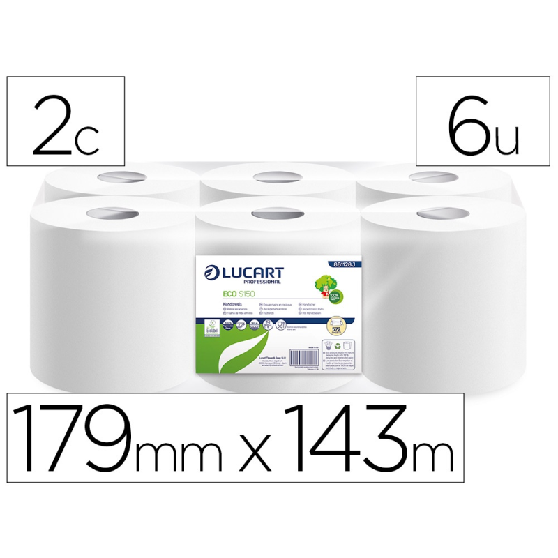 Papel secamanos lucart reciclado 16,5 g 2 capas 179 mm x 143 m paquete de 6 rollos