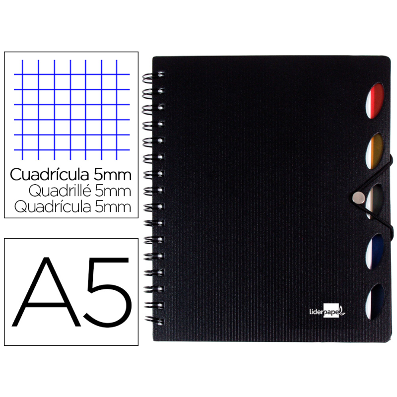 Cuaderno espiral liderpapel a5 micro executive tapa plastico 100h 80gr cuadro 5mm 5 se paradores con gomilla negro