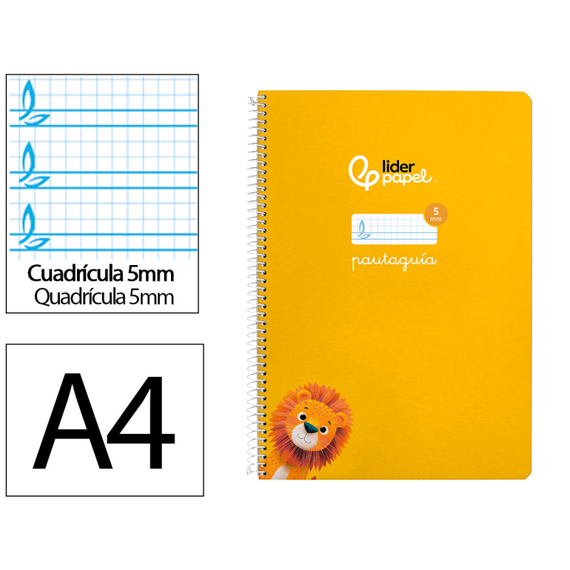 Cuaderno espiral liderpapel a4 pautaguia tapa dura 80h 90gr cuadro pautado 5mm color amarillo
