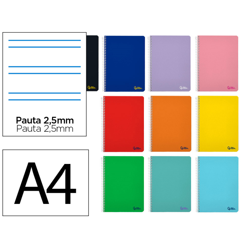 Cuaderno espiral liderpapel a4 smart tapa blanda 80h 75gr pauta 2,5mm con margen colores surtidos