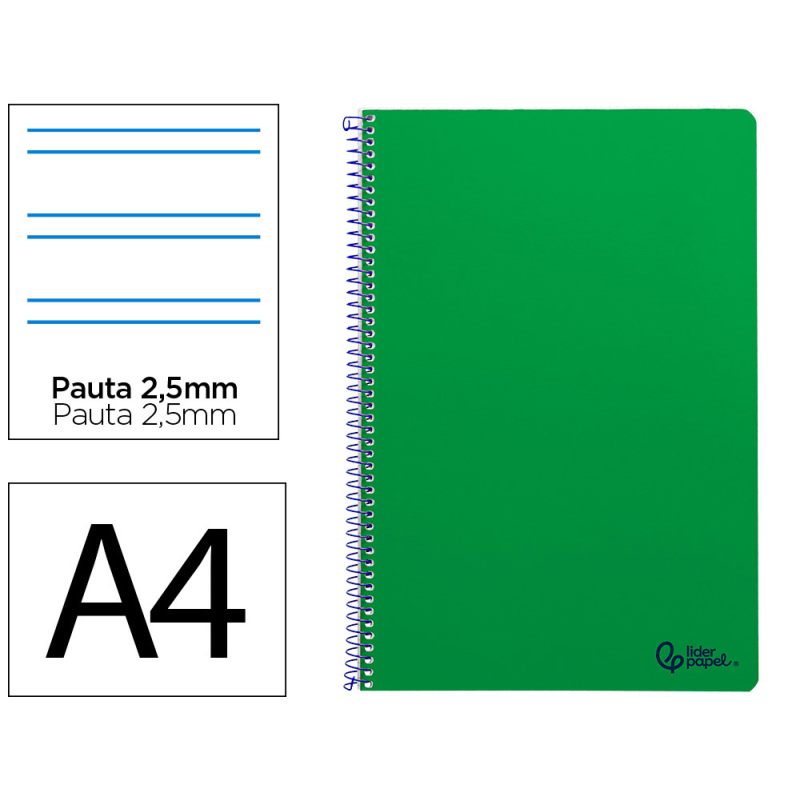 Cuaderno espiral liderpapel a4 smart tapa blanda 80h 75gr pauta 3,5mm con margen color verde