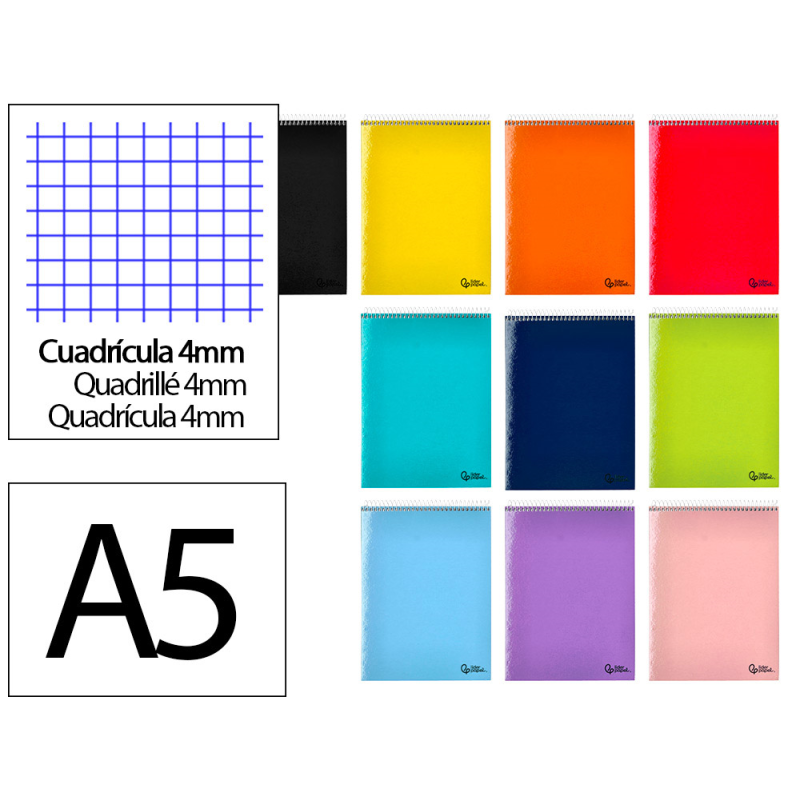 Cuaderno espiral liderpapel din a5 apaisado smart tapa blanda 80h 75gr cuadro 4mm con margen colores surtidos