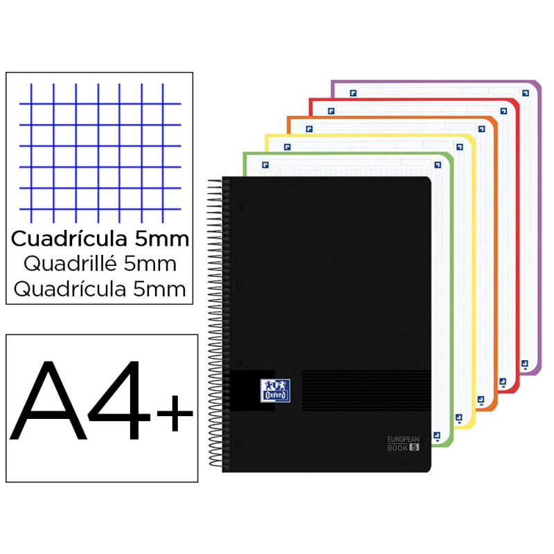 Cuaderno espiral oxford europeanbook 5 tapa plastico din a4+ 120 hojas cuadro 5 mm color negro