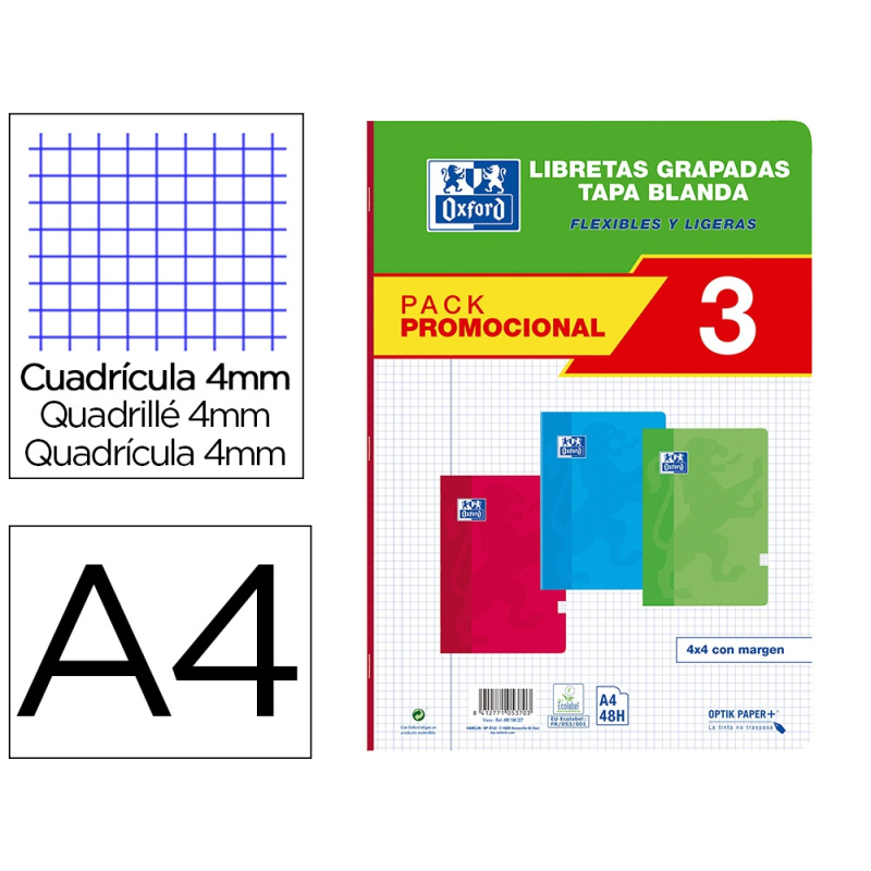 Libreta escolar oxford tapa blanda din a4 48 hojas cuadro 4 mm pack de 3 unidades colores surtidos