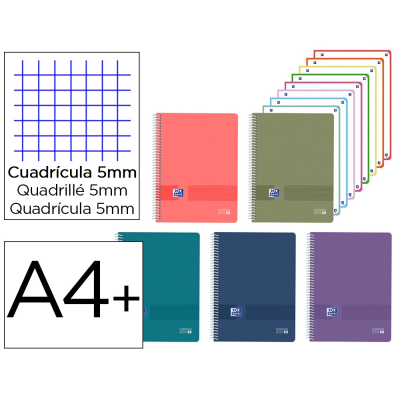 Cuaderno espiral oxford europeanbook 8 live&go tapa plastico din a4+ 160 hojas cuadro 5 mm colores surtidos