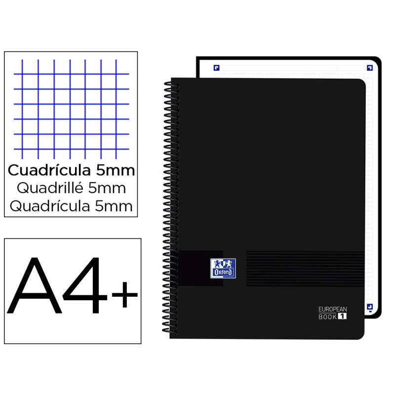 Cuaderno espiral oxford europeanbook 1 live&go tapa plastico din a4+ 80 hojas cuadro 5 mm color negro