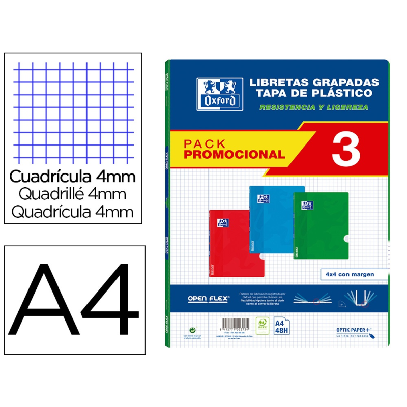 Libreta escolar oxford openflex din a4 48 hojas cuadro 4 mm pack de 3 unidades colores surtidos
